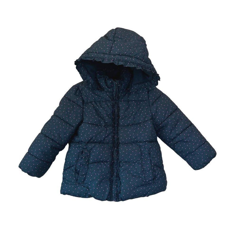 H&M Fleece Lined Hooded Ruffle Puffer Pink Polka Dot Heart Jacket Size 2-3Y